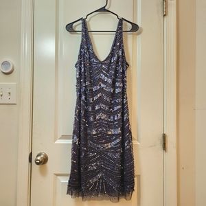 Patra art deco 20s-inspired flapper iridescent beaded purple midi cocktail dress